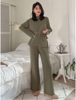 Star Women'S Solid Color Stand Collar Ribbed Knit Sweater And Wide Leg Pants Two-Piece Set