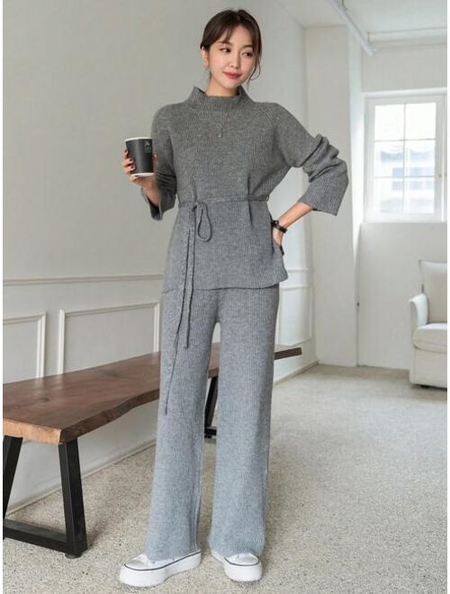 Dazy Star Women'S Solid Color Stand Collar Ribbed Knit Sweater And Wide Leg Pants Two-Piece Set