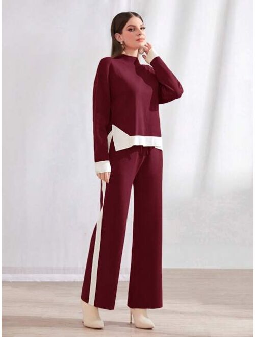 SHEIN Mulvari Women's Stand Collar Color Block Sweater And Sweater Pants Set