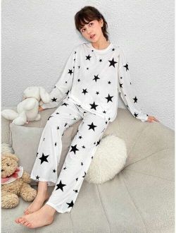 Teen Girl Star Print Drop Shoulder PJ Set