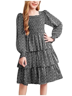 Girls Long-Sleeve Tiered Dresses Square Neck Lantern Smocked Ruffle Layered Tie Back Dress