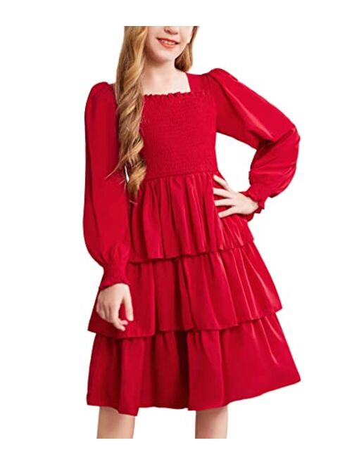 Arshiner Girls Long-Sleeve Tiered Dresses Square Neck Lantern Smocked Ruffle Layered Tie Back Dress