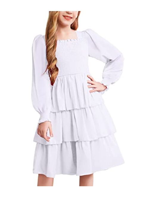 Arshiner Girls Long-Sleeve Tiered Dresses Square Neck Lantern Smocked Ruffle Layered Tie Back Dress