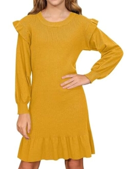 BesserBay Girls Ruffle Lantern Long Sleeve Midi Knit Fall Crew Neck Sweater Dress 4-12 Years