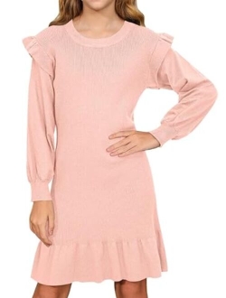 BesserBay Girls Ruffle Lantern Long Sleeve Midi Knit Fall Crew Neck Sweater Dress 4-12 Years