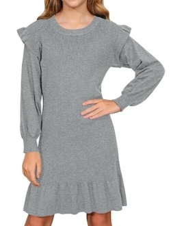 BesserBay Girls Ruffle Lantern Long Sleeve Midi Knit Fall Crew Neck Sweater Dress 4-12 Years