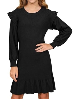 BesserBay Girls Ruffle Lantern Long Sleeve Midi Knit Fall Crew Neck Sweater Dress 4-12 Years