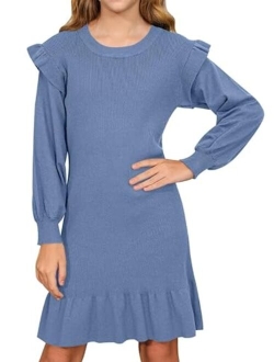 BesserBay Girls Ruffle Lantern Long Sleeve Midi Knit Fall Crew Neck Sweater Dress 4-12 Years