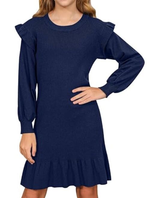 BesserBay Girls Ruffle Lantern Long Sleeve Midi Knit Fall Crew Neck Sweater Dress 4-12 Years