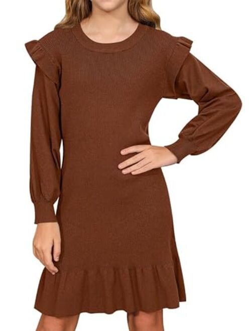 BesserBay Girls Ruffle Lantern Long Sleeve Midi Knit Fall Crew Neck Sweater Dress 4-12 Years