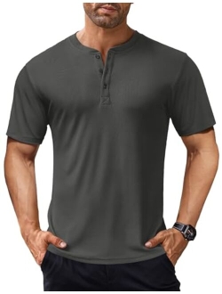 Men's Short Sleeve Henley Shirts Stretch Ribbed T-Shirts Fashion Casual Basic Tops