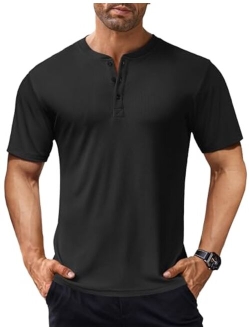 Men's Short Sleeve Henley Shirts Stretch Ribbed T-Shirts Fashion Casual Basic Tops