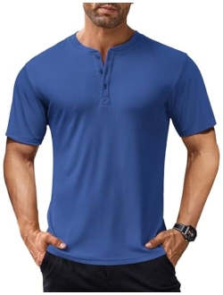 Men's Short Sleeve Henley Shirts Stretch Ribbed T-Shirts Fashion Casual Basic Tops