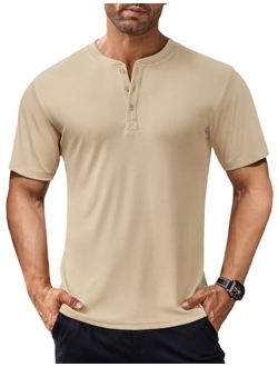 Men's Short Sleeve Henley Shirts Stretch Ribbed T-Shirts Fashion Casual Basic Tops