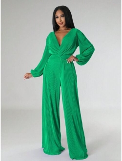 Shein Solid Color Twisted Lantern Sleeve Jumpsuit