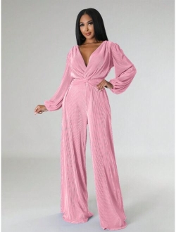 Shein Solid Color Twisted Lantern Sleeve Jumpsuit