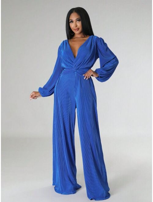 Shein Solid Color Twisted Lantern Sleeve Jumpsuit