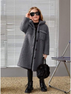 SHEIN Young Girl Flap Pocket Drop Shoulder Teddy Coat