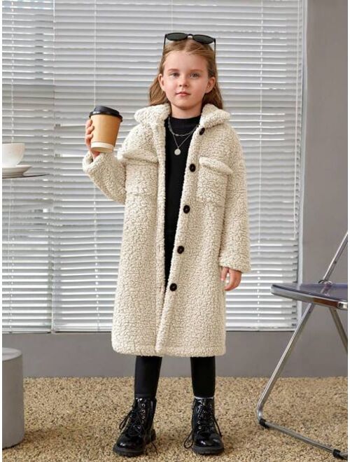 SHEIN Young Girl Flap Pocket Drop Shoulder Teddy Coat