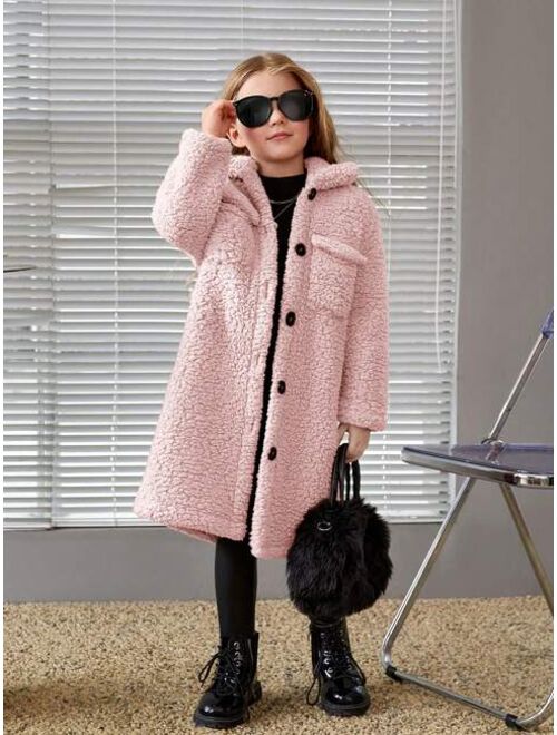 SHEIN Young Girl Flap Pocket Drop Shoulder Teddy Coat