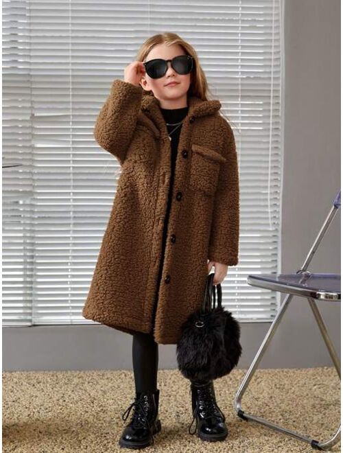 SHEIN Young Girl Flap Pocket Drop Shoulder Teddy Coat