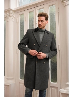 Men's Casual Trench Coat Notch Lapel Double Breasted Mid Long Trench Pea Coat