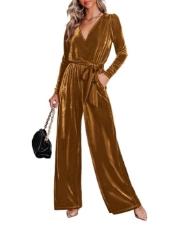 MASCOMODA 2023 Velvet Long Sleeve Wide Leg Jumpsuits for Women Dressy V Neck Belted Romper One Piece Fall Outfits with Pocket