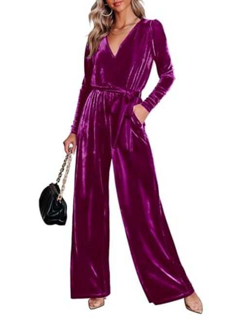 MASCOMODA 2023 Velvet Long Sleeve Wide Leg Jumpsuits for Women Dressy V Neck Belted Romper One Piece Fall Outfits with Pocket