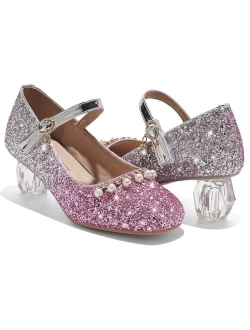 PORMIMOS Girls Dress Shoes Flower High Heel Sparkle Princess Flats Party Glitter Crystal Wedding Shoes for Kids Toddler