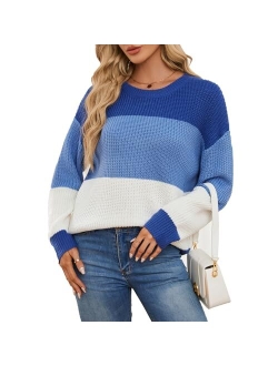 QIANSIQIANBO Women's Striped Color Block Sweater Long Sleeve Crewneck Casual Loose Fit Soft Knit Sweater Pullover Tops