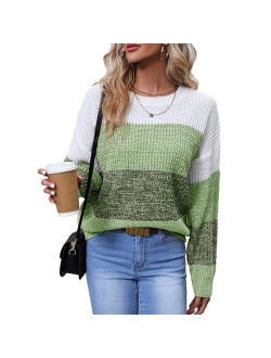 QIANSIQIANBO Women's Striped Color Block Sweater Long Sleeve Crewneck Casual Loose Fit Soft Knit Sweater Pullover Tops