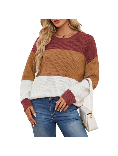 QIANSIQIANBO Women's Striped Color Block Sweater Long Sleeve Crewneck Casual Loose Fit Soft Knit Sweater Pullover Tops