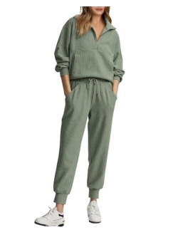 BTFBM Women's 2 Piece Tracksuit Fall Outfits 2023 Long Sleeve Half Zip Sweatshirt Sweatpants Lounge Set Sweatsuits