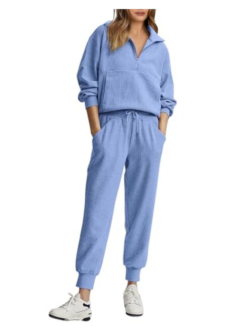 BTFBM Women's 2 Piece Tracksuit Fall Outfits 2023 Long Sleeve Half Zip Sweatshirt Sweatpants Lounge Set Sweatsuits