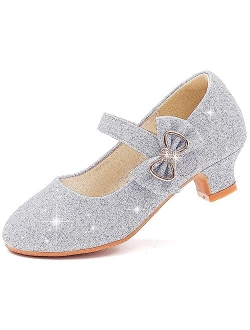 Dufannie Girls Dress Shoes Low Heel Princess Flats Mary Jane Flower Wedding Party Glitter Shoes for Kids Toddler