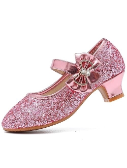 Dufannie Girls Dress Shoes Low Heel Princess Flats Mary Jane Flower Wedding Party Glitter Shoes for Kids Toddler