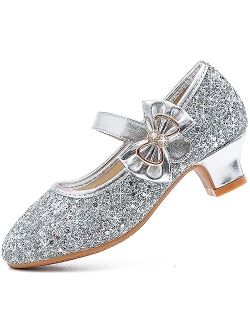 Dufannie Girls Dress Shoes Low Heel Princess Flats Mary Jane Flower Wedding Party Glitter Shoes for Kids Toddler