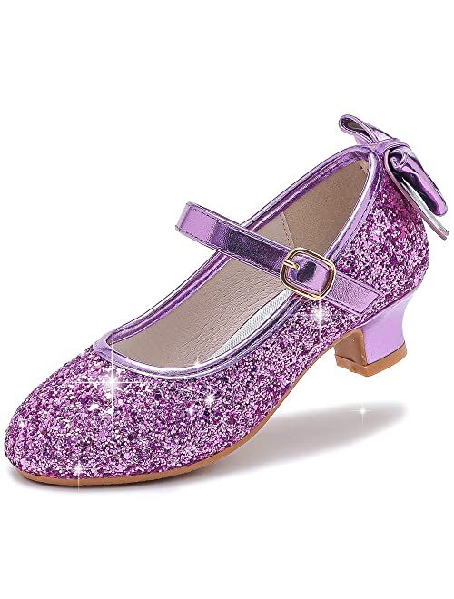 Dufannie Girls Dress Shoes Low Heel Princess Flats Mary Jane Flower Wedding Party Glitter Shoes for Kids Toddler