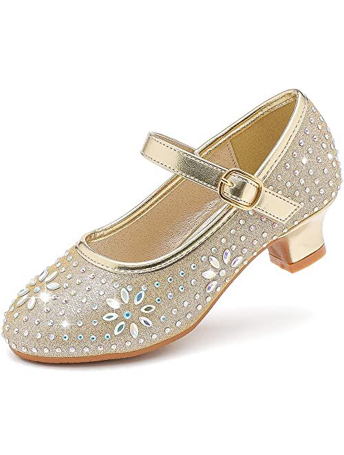 Dufannie Girls Dress Shoes Low Heel Princess Flats Mary Jane Flower Wedding Party Glitter Shoes for Kids Toddler