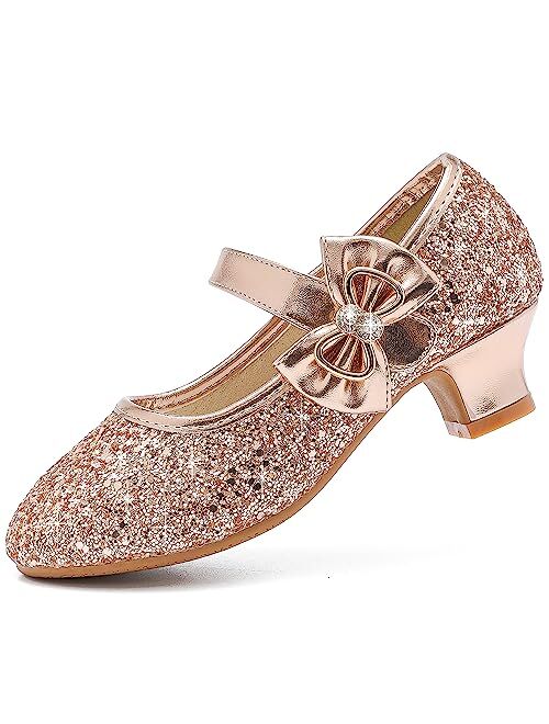 Dufannie Girls Dress Shoes Low Heel Princess Flats Mary Jane Flower Wedding Party Glitter Shoes for Kids Toddler