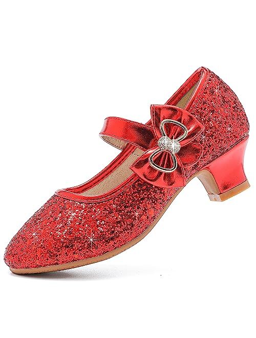 Dufannie Girls Dress Shoes Low Heel Princess Flats Mary Jane Flower Wedding Party Glitter Shoes for Kids Toddler