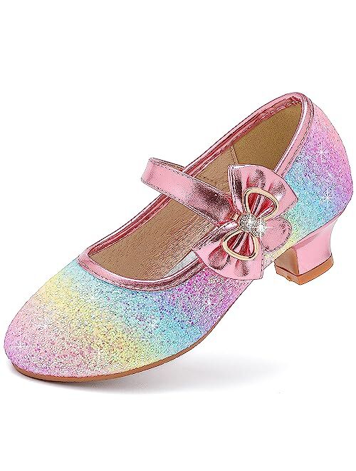 Dufannie Girls Dress Shoes Low Heel Princess Flats Mary Jane Flower Wedding Party Glitter Shoes for Kids Toddler