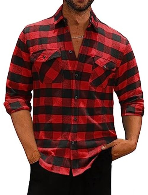 Dokotoo Men Mens Plaid Flannel Shirts Long Sleeve Regular Fit Casual Button Down Shirt with Pockets