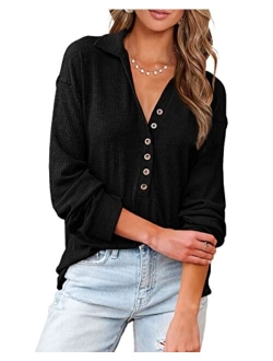 BTFBM Women Casual Button Down V Neck Blouses Long Sleeve Solid Color Stand Collar Knitted Fall Tops Cute Relaxed Fit Shirts