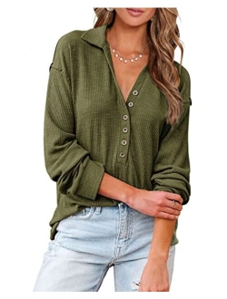 BTFBM Women Casual Button Down V Neck Blouses Long Sleeve Solid Color Stand Collar Knitted Fall Tops Cute Relaxed Fit Shirts