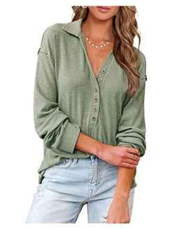 BTFBM Women Casual Button Down V Neck Blouses Long Sleeve Solid Color Stand Collar Knitted Fall Tops Cute Relaxed Fit Shirts