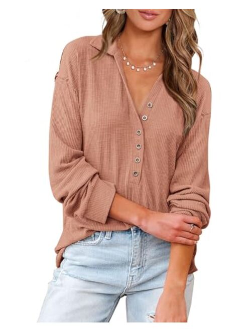 BTFBM Women Casual Button Down V Neck Blouses Long Sleeve Solid Color Stand Collar Knitted Fall Tops Cute Relaxed Fit Shirts