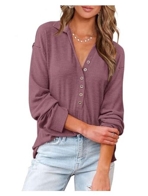 BTFBM Women Casual Button Down V Neck Blouses Long Sleeve Solid Color Stand Collar Knitted Fall Tops Cute Relaxed Fit Shirts