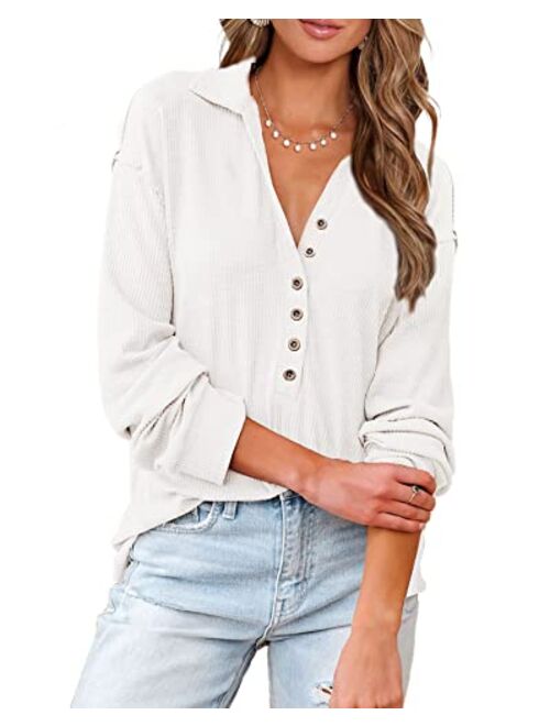 BTFBM Women Casual Button Down V Neck Blouses Long Sleeve Solid Color Stand Collar Knitted Fall Tops Cute Relaxed Fit Shirts