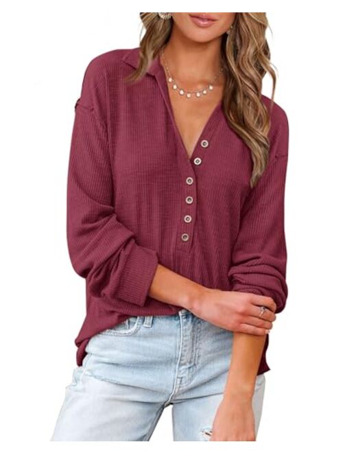 BTFBM Women Casual Button Down V Neck Blouses Long Sleeve Solid Color Stand Collar Knitted Fall Tops Cute Relaxed Fit Shirts